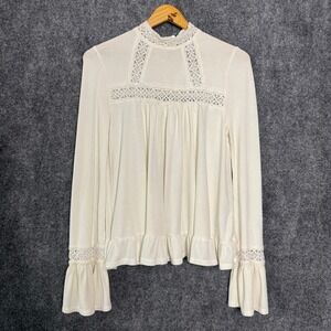 Eri + Ali Shirt Women S Cream Long Sleeve Lace Trim High‎ Neck Boho Cottagecore